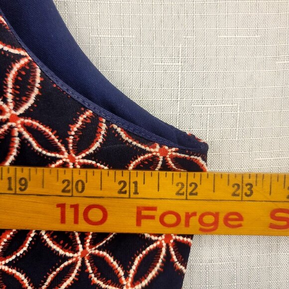 Chetta B Sleeveless Navy Orange Geometric Sheath Dress Gold Ring Detail Size 18 - Picture 9 of 9